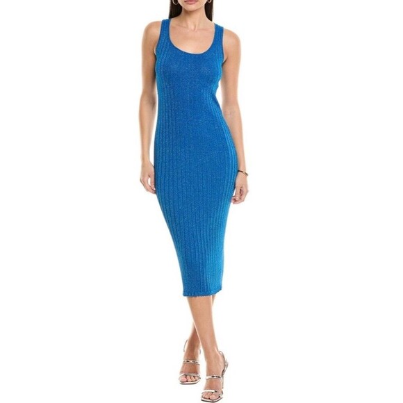 Line & Dot Metallic Midi Dress Women's Blue M - Picture 1 of 8